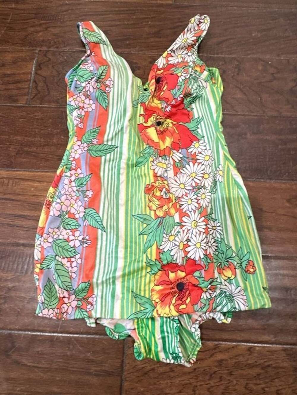 Sandcastle Vintage 1960s Floral Striped One-Piece Swimsuit Romper